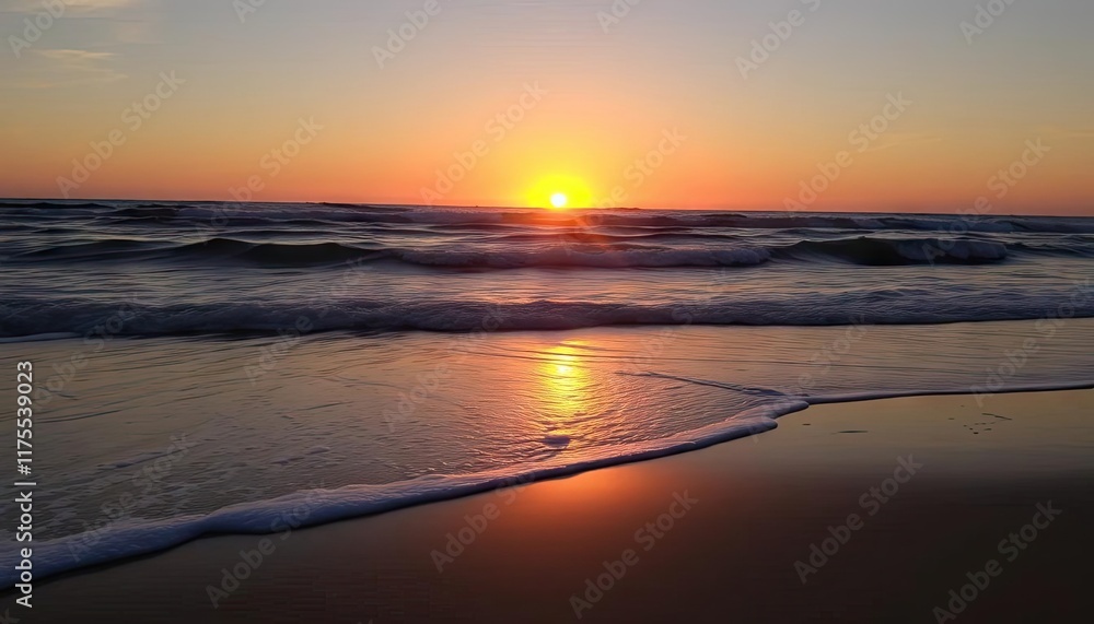 Fototapeta premium Beach sunrise, waves, golden light. Peaceful morning. Suitable for backgrounds or nature themes