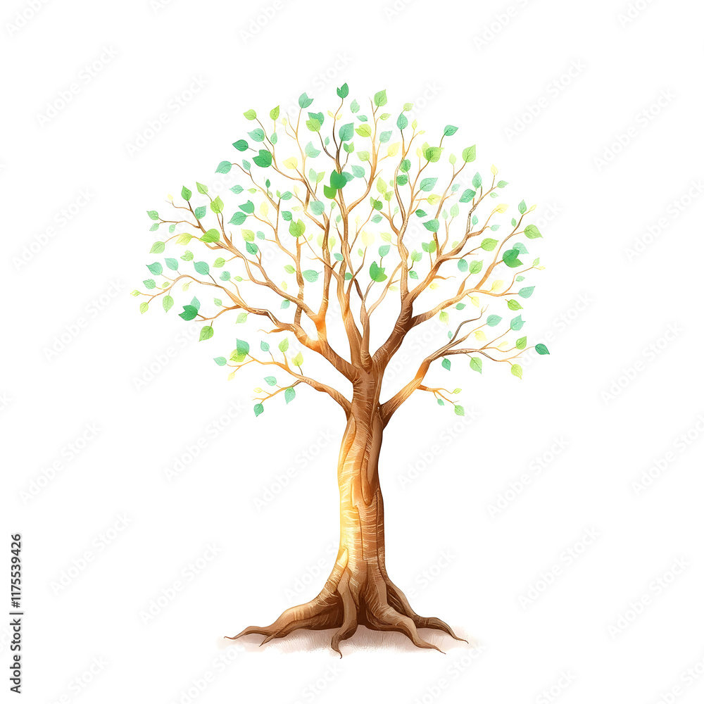 Obraz premium A delicate, whimsical illustration of a single tree, standing alone in a clean, white background, its intricate branches and roots rendered in precise, hand-drawn lines, with varying shades of green l