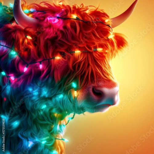 A vibrant Highland cow adorned with colorful lights, showcasing a playful and festive spirit against a warm, glowing background.