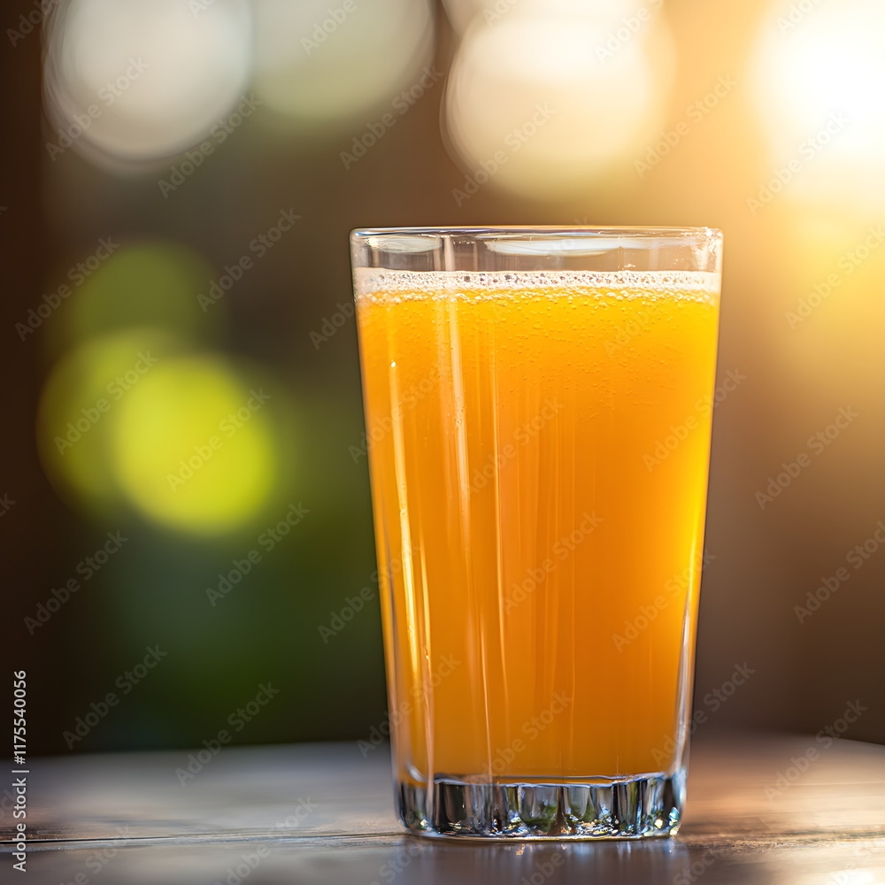 Orange juice in a transparent glass stands on a table on a blurred green background Orange juice in a transparent glass stands on a table on a blurred green background