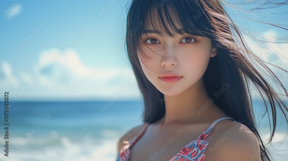 浜辺でドレスを着た日本人美女 浜辺でドレスを着た日本人美女
