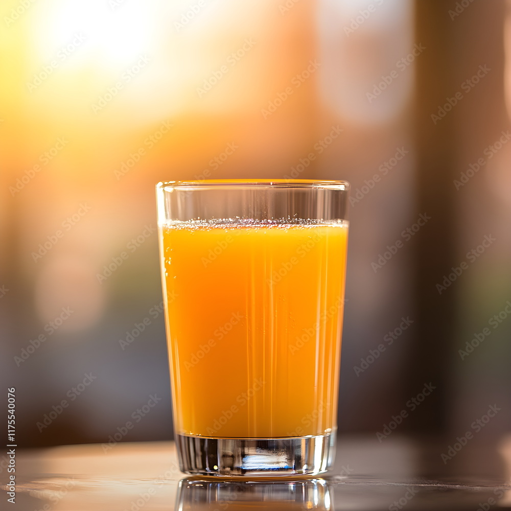 Orange juice in a transparent glass stands on a table on a blurred green background Orange juice in a transparent glass stands on a table on a blurred green background