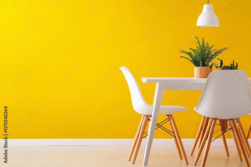Fototapeta premium A modern dining area featuring a bright yellow wall, a white table, and stylish chairs, complemented by a potted plant for a fresh touch.
