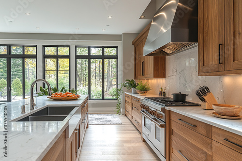 Modern Kitchen With Wood Cabinets And Marble Countertops