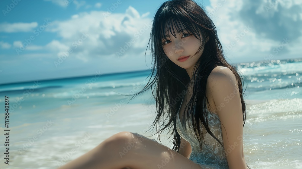 浜辺でドレスを着た日本人美女 浜辺でドレスを着た日本人美女