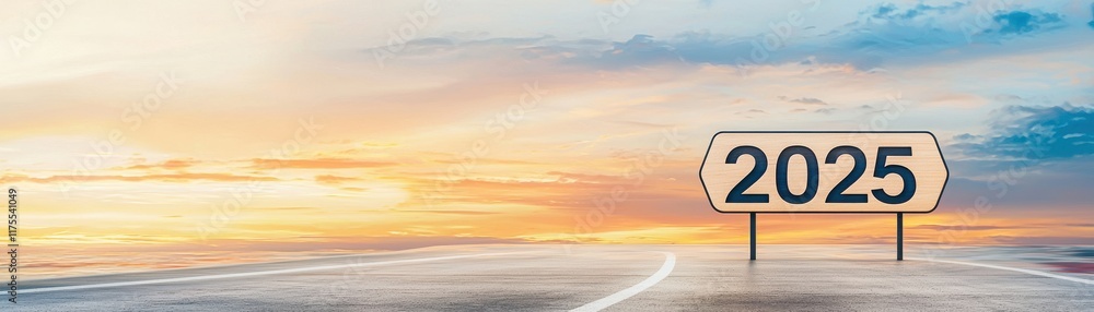 Fototapeta premium A sunset road scene featuring a signpost displaying the year 2025, symbolizing future possibilities and journeys ahead.