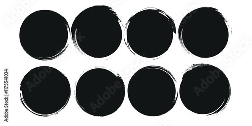 A collection of black grunge circular shapes on a white background, featuring paintbrush style stamps. Includes vector brush circles and distressed round designs. ink brush ellipse circle shape vector