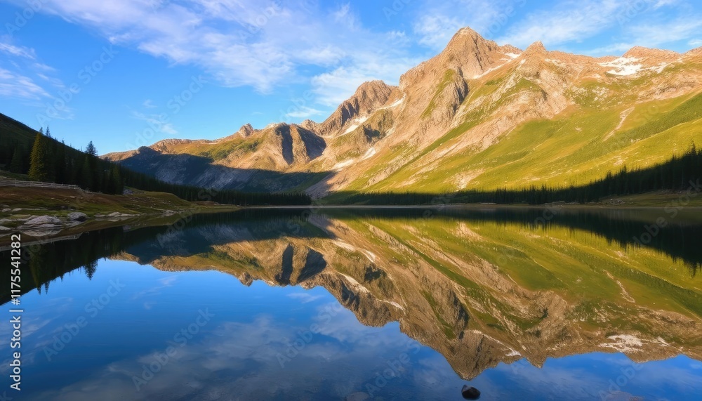 Mountain lake mirrored in calm water at sunrise Mountain lake mirrored in calm water at sunrise
