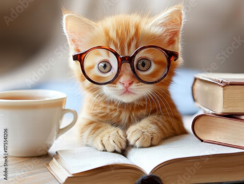 Adorable Kitten Wears Large Glasses Cozy Reading Nook Cute Animal Photo Warm Atmosphere Close-Up Whimsical Concept