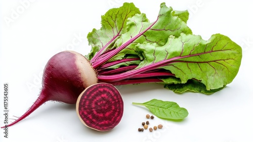 Fresh beetroot with green leaves and seeds on a white background.