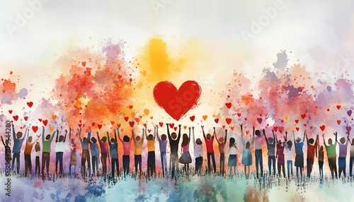 A group of people with raised hands holding a red heart on a watercolor background

