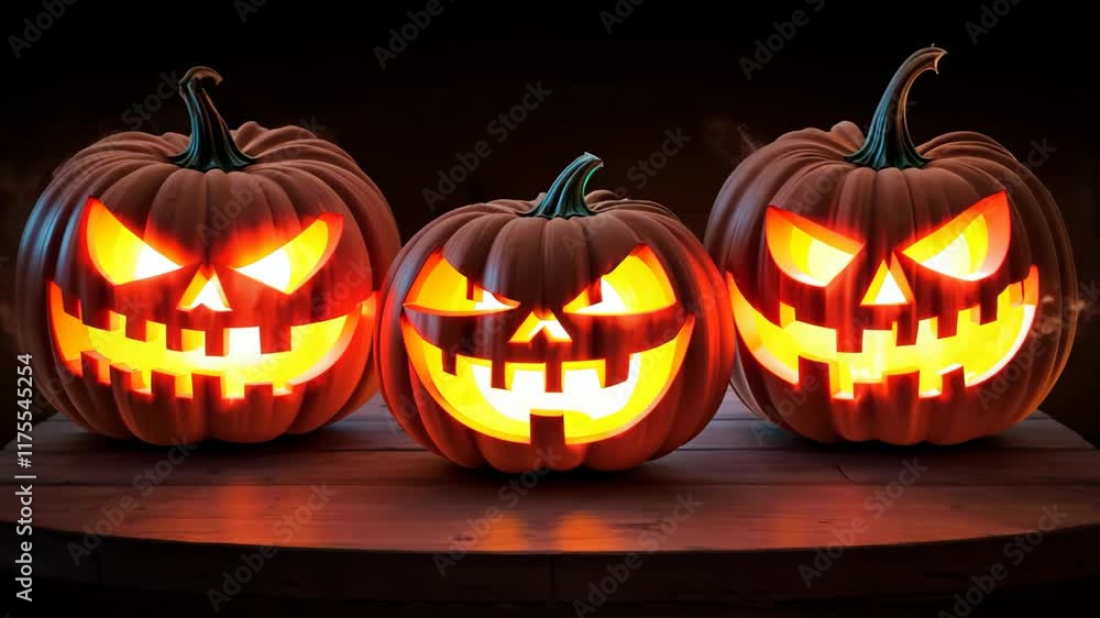 Three glowing Halloween pumpkins with carved faces on a dark background. Three glowing Halloween pumpkins with carved faces on a dark background.