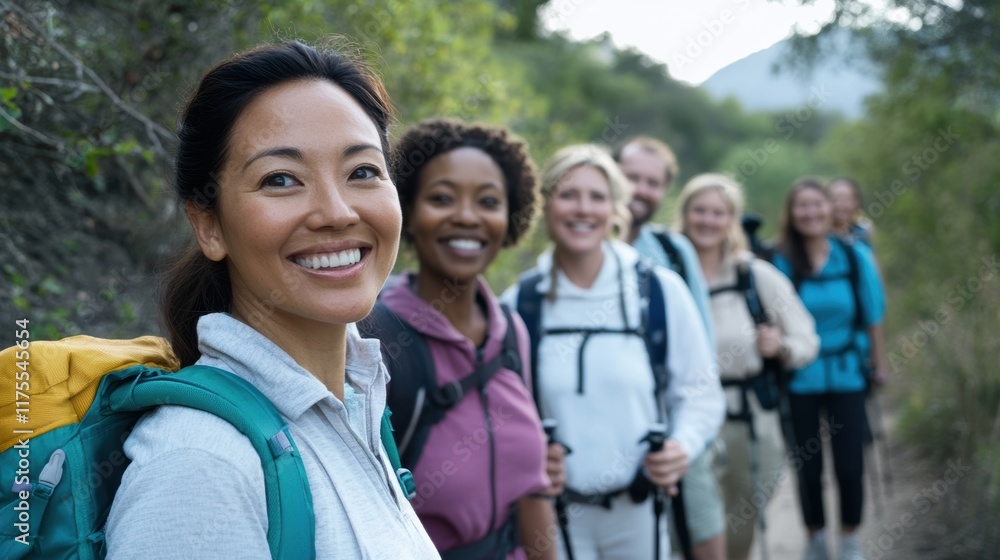 A group of people are smiling and posing for a photo while hiking. Generative AI A group of people are smiling and posing for a photo while hiking. Generative AI