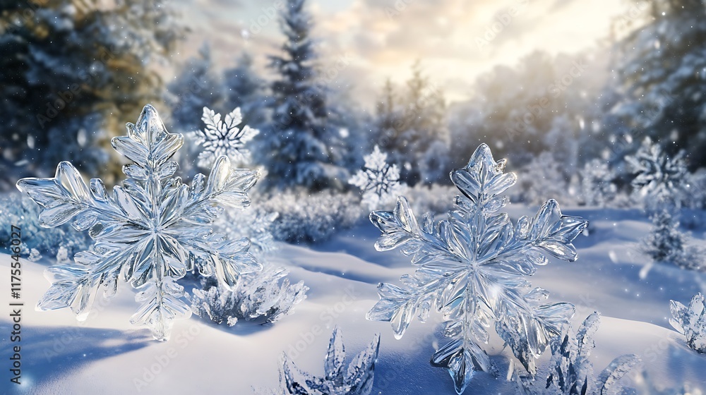 Fototapeta premium Snowflakes falling gently over a frozen landscape with snow-covered trees, featuring ample copy space for seasonal messages