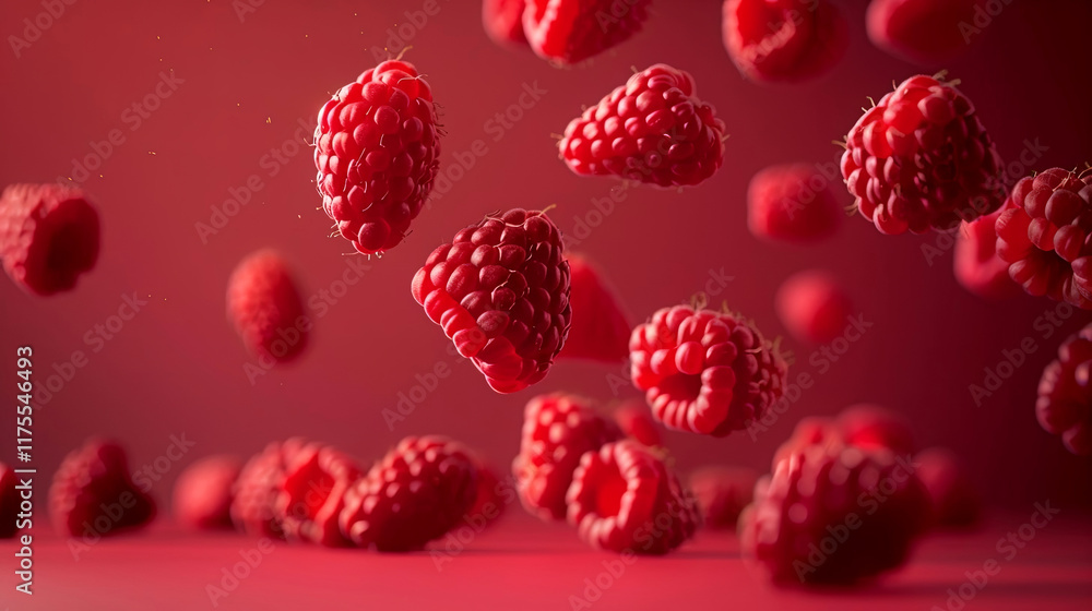 Ripe raspberries seem to float against a rich red backdrop, capturing a moment of pure freshness and vibrant color. Perfect for those who love the beauty of nature. Generated AI Ripe raspberries seem to float against a rich red backdrop, capturing a moment of pure freshness and vibrant color. Perfect for those who love the beauty of nature. Generated AI
