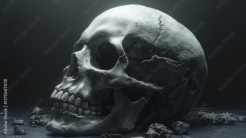 Obraz premium A skull is shown in a dark room with a lot of rocks around it