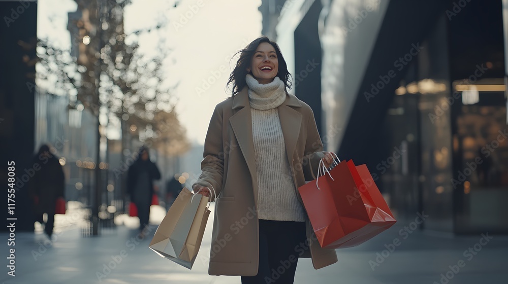 Happy Woman Walking City Street Shopping Bags
