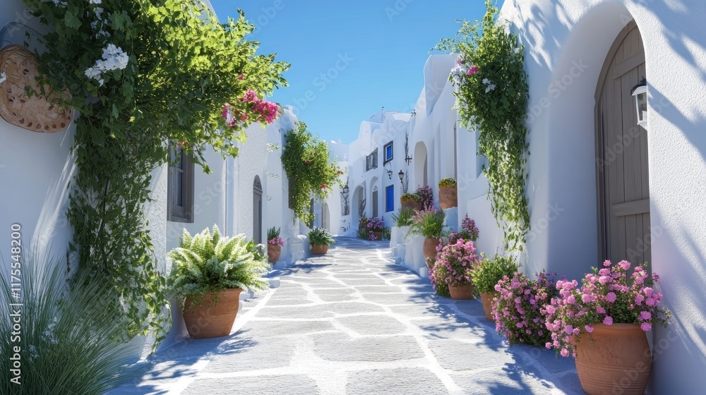 Naklejka premium Sunny cobblestone street in a whitewashed Mediterranean village, lined with flowering plants and traditional architecture.