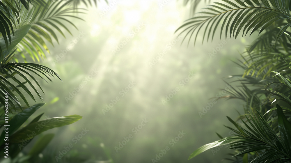 Lush Jungle Framed by Palm Leaves in Dappled Sunlight Lush Jungle Framed by Palm Leaves in Dappled Sunlight