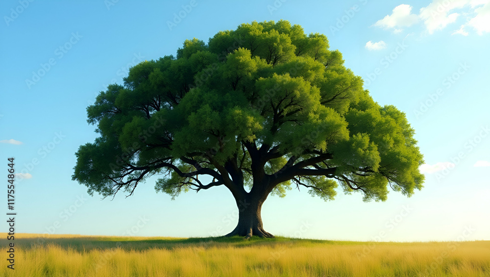A Majestic Solitary Oak Tree with a Lush Symmetrical Canopy Standing Proudly in an Open Field Under a Clear Blue Sky A Majestic Solitary Oak Tree with a Lush Symmetrical Canopy Standing Proudly in an Open Field Under a Clear Blue Sky