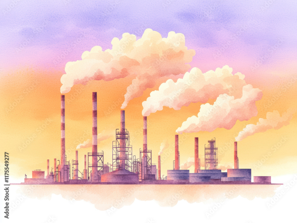 Obraz premium Watercolor depiction of oil refinery at dusk with smoke billowing from chimneys, creating dramatic skyline. vibrant colors evoke sense of industrial beauty