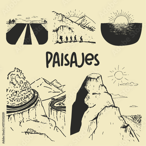 Plantilla de iconos doodles, paisajes argentinos, naturaleza, viaje, travel, turismo, montaña, mar
