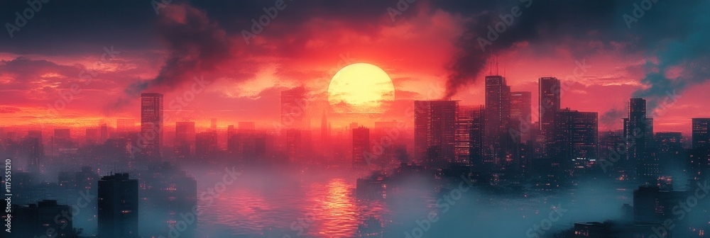 Fototapeta premium Dramatic Cityscape at Sunset Red Sky Fog Urban Skyline Modern Architecture