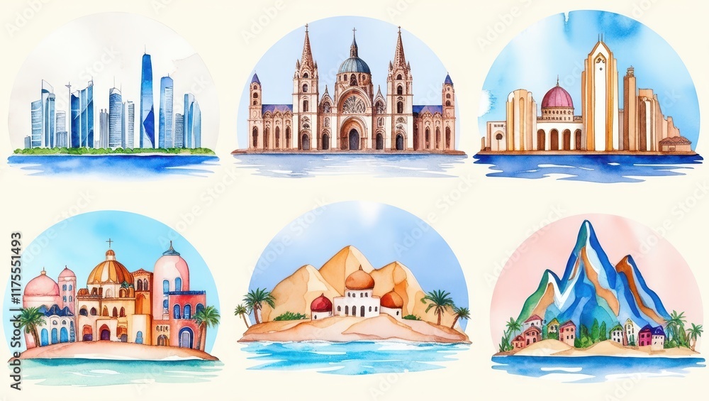 Fototapeta premium Watercolor Illustrations of Diverse Global Cityscapes and Landscapes Architectural Wonders and