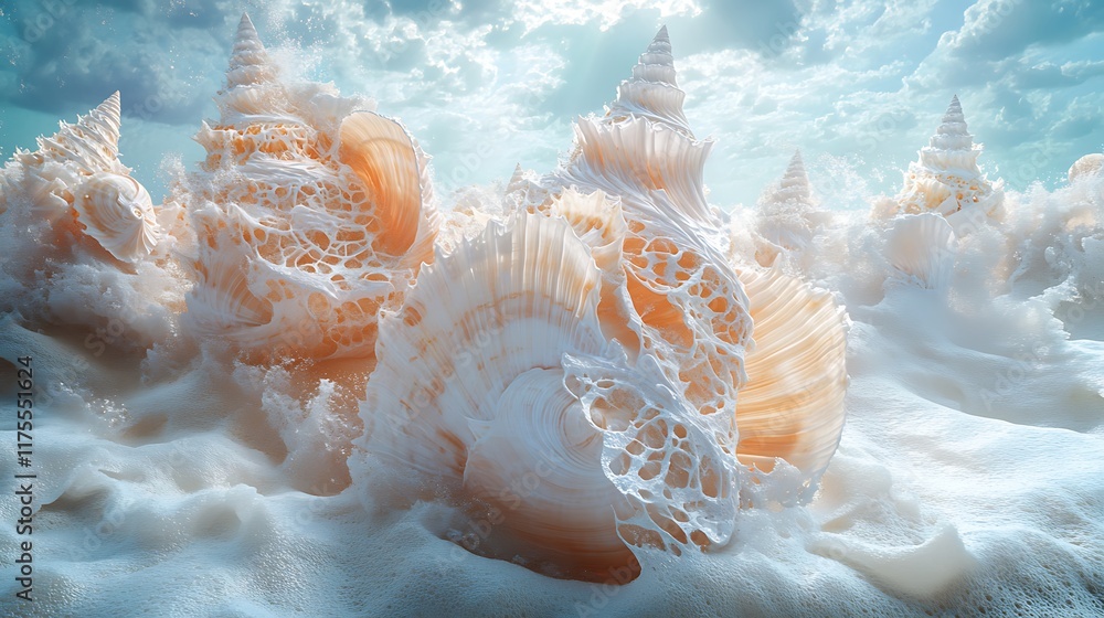 Majestic sea shells in serene coastal landscape digital art nature Majestic sea shells in serene coastal landscape digital art nature