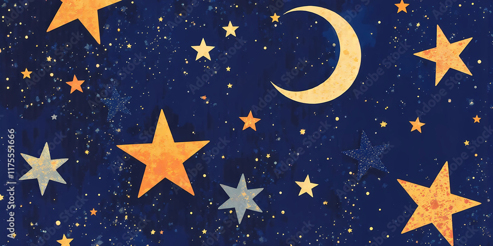 Fototapeta premium Magical Night Sky: A Children's Adventure with Moon and Stars