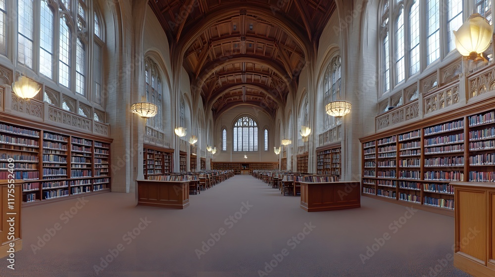 Grand Library Hall With Wooden Bookshelves And Tall Windows Grand Library Hall With Wooden Bookshelves And Tall Windows