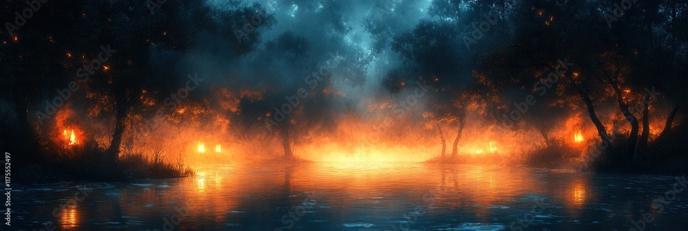 Enchanting Night Scene Fiery River Reflecting in Mystical Forest Enchanting Night Scene Fiery River Reflecting in Mystical Forest