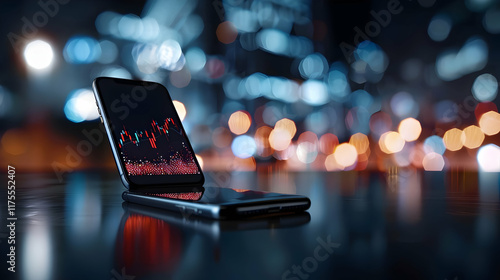 futuristic stock exchange scene featuring a chart, mobile device,  photo