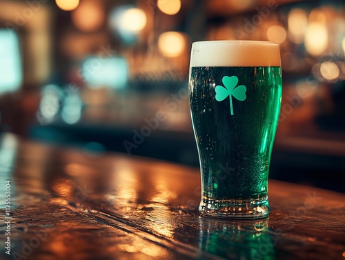 Pint of green beer on a polished wooden bar, adorned with a shamrock symbol, blurred pub setting in the background, Ireland tourism advertise, Saint Patrick's advertising image photo