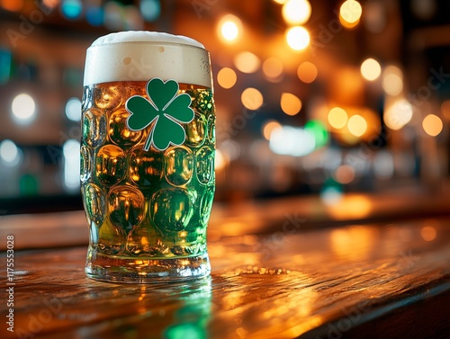 A glass of refreshing green beer is served in a pub on Saint Patrick's Day, Irish pub advertising image, Ireland tourism advertisement photograph photo