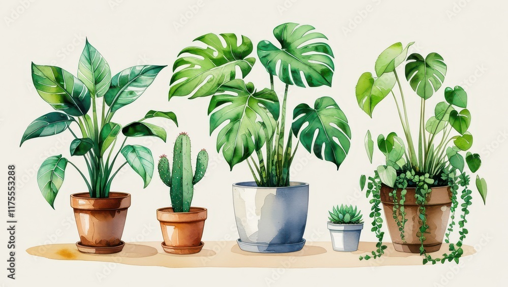 Obraz premium Watercolor Painting of Various Houseplants in Pots Monstera Cactus Succulents and More