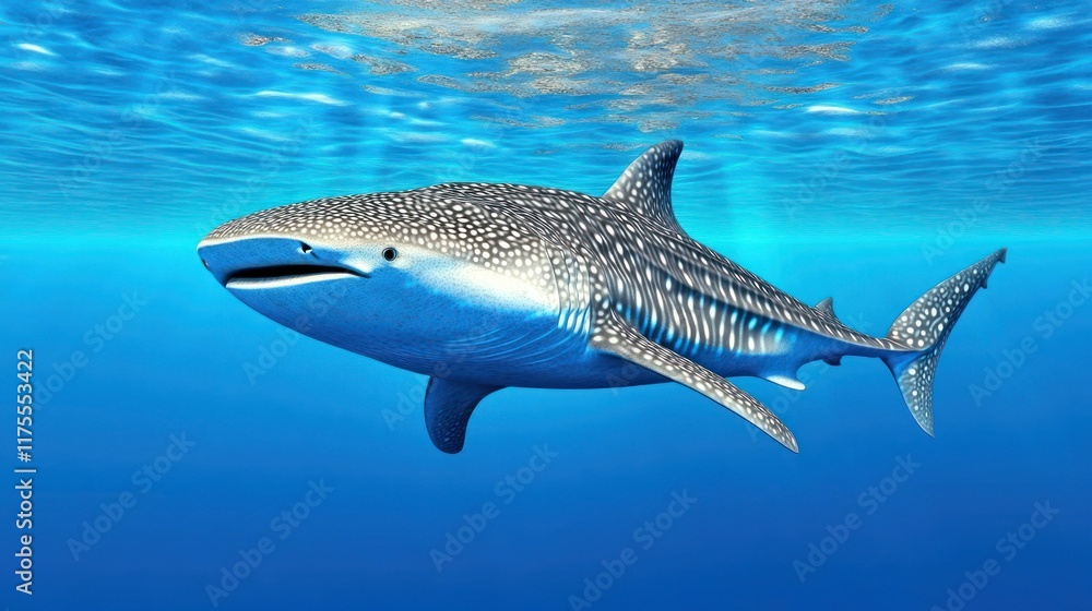 Naklejka premium A whale shark swimming gracefully in clear blue waters.