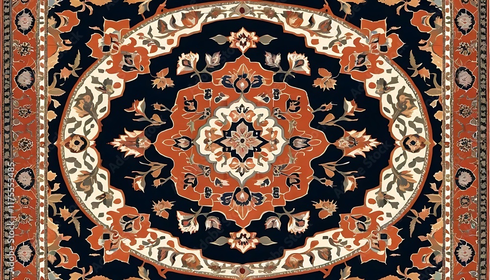 Fototapeta premium Intricate Floral Design Rug Pattern in Orange and Black