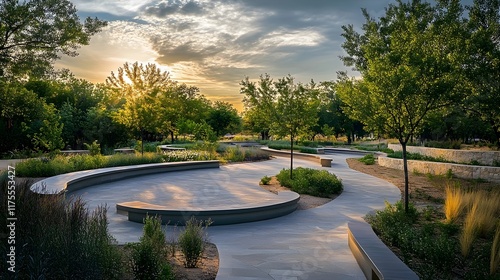 Fototapeta Naklejka Na Ścianę i Meble -  Sunset Serenity: A Picturesque Park Path at Golden Hour