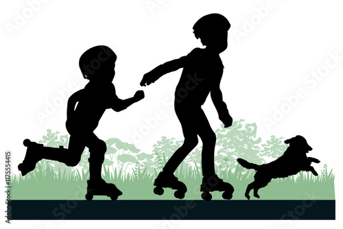 Children and pets silhouettes. Little boy and girl on roller skates playing with pet. Vector illustration.	
