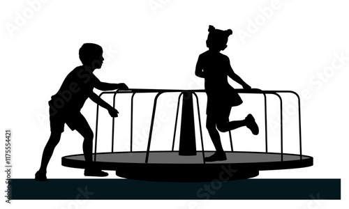 Children silhouettes. Little boys and girls playing on merry-go-round. Vector illustration.	
