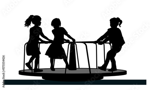 Children silhouettes. Little boys and girls playing on merry-go-round. Vector illustration.	
