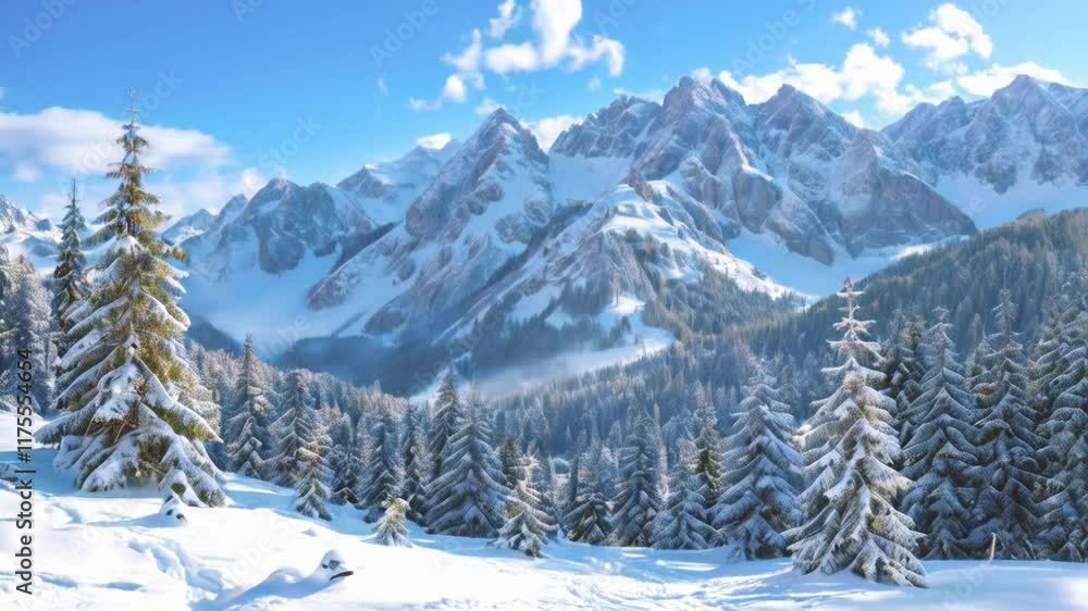 Mountain landscape in winter with snow covered fir tree forest Mountain landscape in winter with snow covered fir tree forest