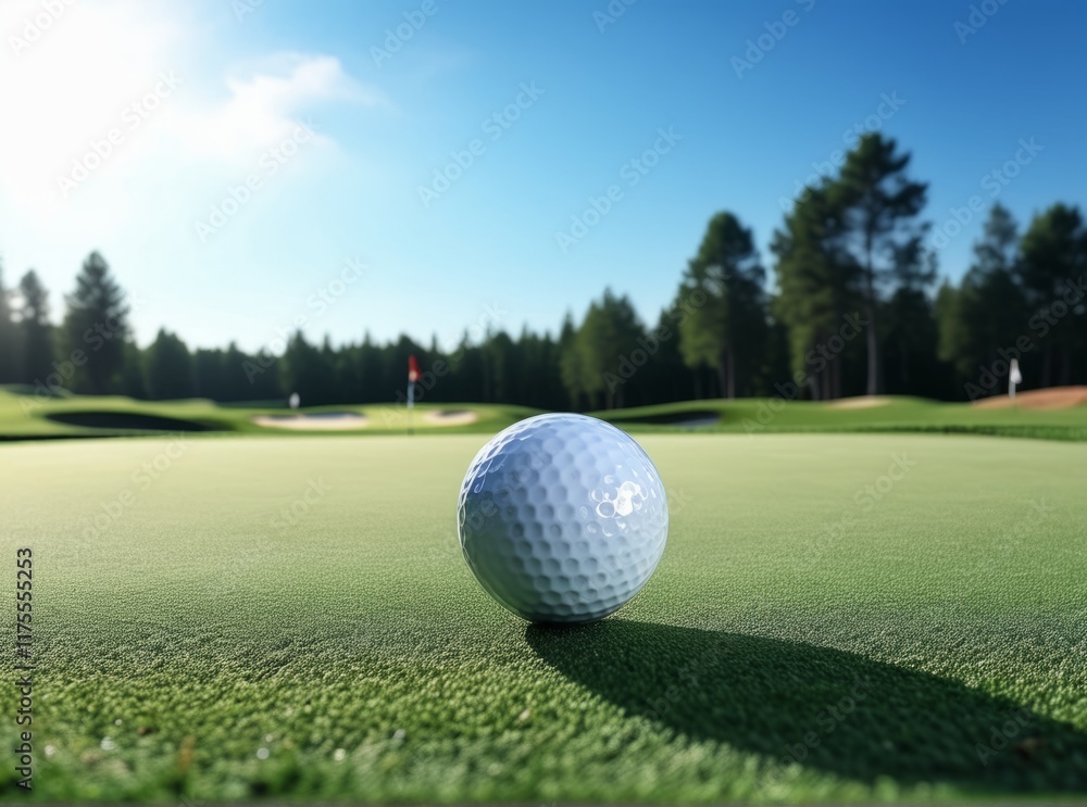 Golf ball resting on green grass near the hole at a beautiful golf course during sunny weather Golf ball resting on green grass near the hole at a beautiful golf course during sunny weather