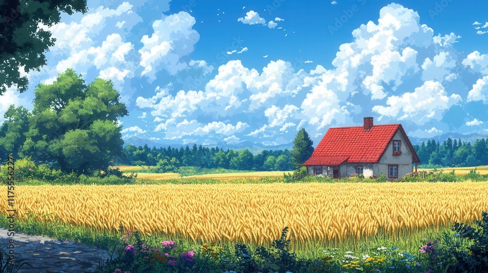 Idyllic Rural Farmhouse in Golden Wheat Field Under a Sunny Sky Idyllic Rural Farmhouse in Golden Wheat Field Under a Sunny Sky