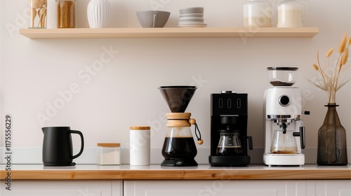 Wallpaper Mural Coffee Brewing Station: A minimalist kitchen countertop boasts a lineup of modern coffee brewing equipment, from a classic pour-over to a sleek espresso machine. Torontodigital.ca