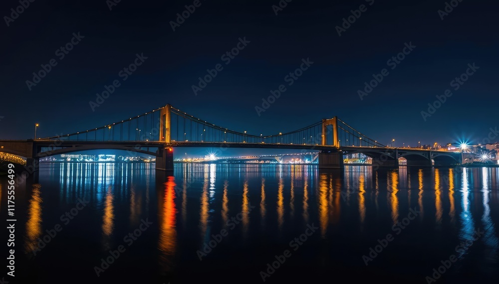 Fototapeta premium Night city bridge over river, lights reflecting