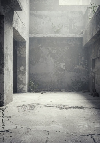 Atmospheric Interior of Abandoned Concrete Building Weathered Walls Crumbling Floor Overgrown Plants