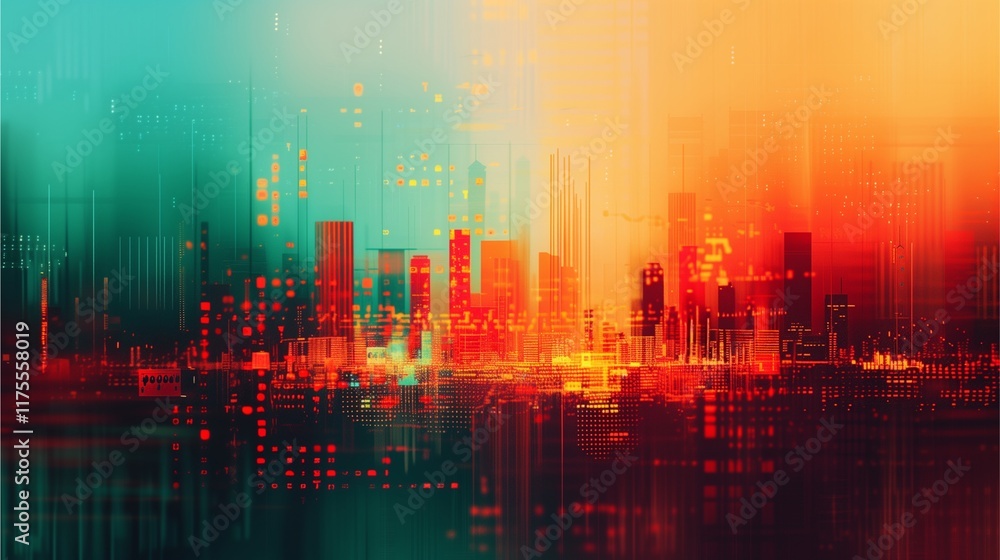 Obraz premium Cityscape Glitch: A mesmerizing digital art piece depicting a cityscape enveloped in a vibrant glitch effect, with contrasting hues of teal and orange creating a dynamic and futuristic atmosphere. 