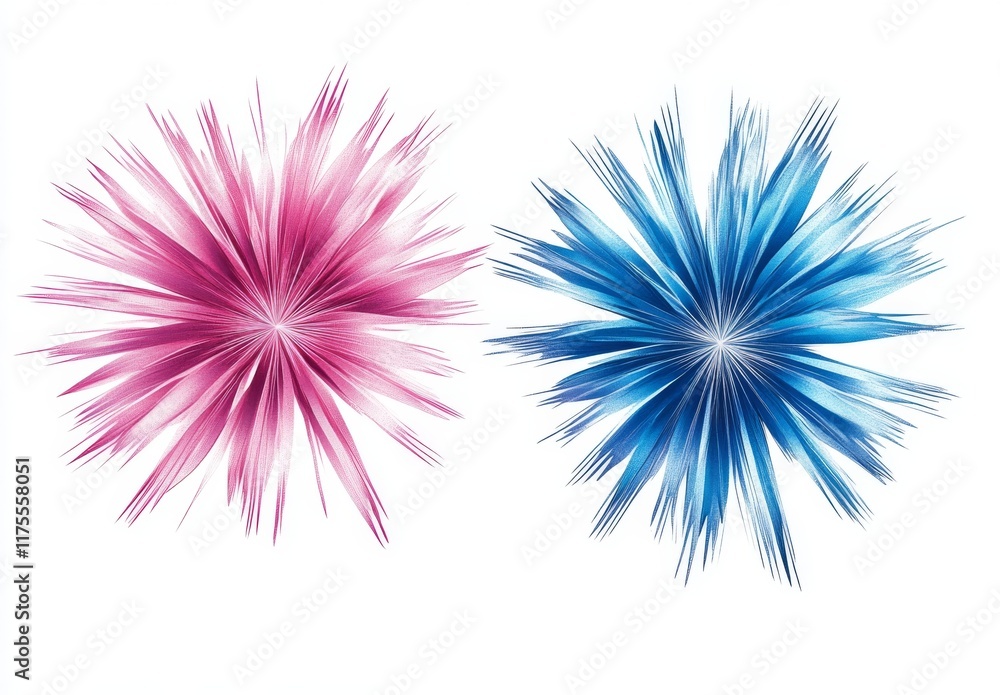 Fototapeta premium Abstract Pink and Blue Spiky Flowers Burst Against White Background.